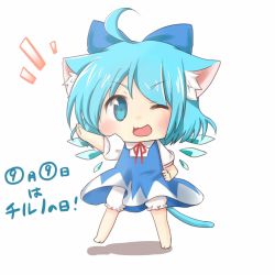 Rule 34 | 1girl, ahoge, animal ears, barefoot, bloomers, blue eyes, blue hair, bow, cat ears, cat tail, chibi, circled 9, cirno, dress, hair bow, hand on own hip, italia317, kemonomimi mode, matching hair/eyes, one eye closed, open mouth, solo, tail, touhou, underwear, wink