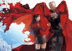 Rule 34 | 1boy, 1girl, archer (fate), armor, black hair, black skirt, black thighhighs, body armor, cape, cape lift, cloud, covering privates, dark-skinned male, dark skin, day, fate/stay night, fate (series), field of blades, hair ribbon, highres, holding, holding cape, holding clothes, jakojakojako, long hair, manly, planted, planted sword, planted weapon, pleated skirt, red cape, ribbon, short hair, skirt, sky, smile, sweater, sword, thighhighs, tohsaka rin, turtleneck, two side up, unlimited blade works (fate), weapon, white hair, zettai ryouiki