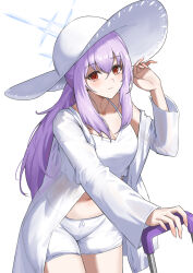 1girl absurdres arm_up atsuko_(blue_archive) atsuko_(swimsuit)_(blue_archive) bikini blue_archive blush breasts cleavage coat commentary_request cowboy_shot fingernails hair_between_eyes halo hat highres jacket long_hair looking_at_viewer navel official_alternate_costume parted_lips purple_hair red_eyes rolling_suitcase see-through_clothes see-through_coat simple_background smile solo stomach suitcase sun_hat swimsuit unique_(pixiv12704744) white_background white_bikini white_hat