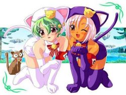 Rule 34 | 2girls, all fours, animal ears, bell, cat, cat ears, cat tail, everyone, female focus, full body, gloves, hat, lowres, multiple girls, outdoors, plant, sky, tail, thighhighs, tree, water