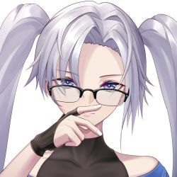 Rule 34 | 1girl, bare shoulders, black gloves, blue eyes, bodystocking, chinese commentary, closed mouth, collarbone, constantine-xii, fingerless gloves, glasses, gloves, highres, long hair, looking at viewer, nose, original, silver hair, solo, twintails, upper body, white background