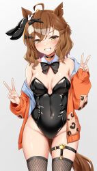 Rule 34 | 1girl, absurdres, animal ears, blush, breasts, brown eyes, brown hair, collarbone, commentary request, double v, grin, groin, hair between eyes, hair ornament, highres, horse ears, horse girl, horse tail, jacket, jungle pocket (umamusume), leotard, looking at viewer, medium breasts, playboy bunny, ribbon, ryochapu, simple background, smile, solo, tail, thighhighs, umamusume, v, white background