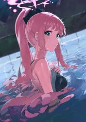 Rule 34 | 024th, 1girl, absurdres, bare shoulders, blue archive, breasts, closed mouth, commentary, competition swimsuit, green eyes, hair ornament, hair scrunchie, halo, highres, long hair, looking to the side, medium breasts, mika (blue archive), one-piece swimsuit, outdoors, partially submerged, pink hair, ponytail, scrunchie, sidelocks, smile, solo, swimsuit, water, wet