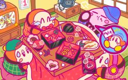 Rule 34 | antique phone, backwards hat, baseball cap, beanie, bow, bowtie, character doll, chopsticks, coo (kirby), dyna chick, english text, haori, hat, headphones, japanese clothes, jitome, kirby, kirby (series), kotatsu, laughing, new year, nintendo, notepad, official art, osechi, phone, rotary phone, shelf, shrimp, sweatdrop, table, television, waddle dee
