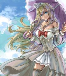 Rule 34 | 1girl, bare shoulders, blonde hair, blue eyes, braid, dress, french braid, holding, holding umbrella, kantai collection, layered dress, looking at viewer, off-shoulder dress, off shoulder, smile, solo, tonke, umbrella, warspite (kancolle), white dress