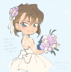 Rule 34 | 1girl, blue background, bouquet, bow, brown hair, child, dress, earrings, flower, grey eyes, haibara ai, hair between eyes, hair flower, hair ornament, holding, holding bouquet, jewelry, looking at viewer, meitantei conan, pink dress, purple flower, smile, solo, translation request, ukata, waist bow