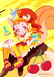 Rule 34 | 1girl, absurdres, animal ears, arisugawa himari, arm up, cherry, commentary request, cure custard, dress, elbow gloves, extra ears, flask, food, food-themed hair ornament, frilled dress, frills, fruit, full body, gloves, hair ornament, hand up, high ponytail, highres, holding, holding food, holding spoon, kirakira precure a la mode, knees up, long hair, looking at viewer, magical girl, noniha, open mouth, orange eyes, orange hair, precure, pudding, sandals, sitting, smile, socks, solo, spoon, squirrel ears, squirrel tail, tail, w, white gloves, yellow background, yellow dress, yellow socks