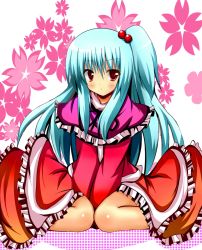 Rule 34 | 1girl, aqua hair, bad id, bad pixiv id, between thighs, capelet, female focus, frills, hair bobbles, hair ornament, long hair, mystic square, red eyes, shinekalta, shinki (touhou), side ponytail, sitting, solo, thighs, touhou, touhou (pc-98)