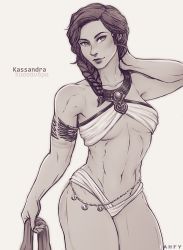 Rule 34 | 1girl, arm up, armlet, assassin&#039;s creed: odyssey, assassin&#039;s creed (series), braid, braided ponytail, breasts, character name, hair over shoulder, iahfy, kassandra (assassin&#039;s creed), kassandra of sparta, looking at viewer, monochrome, navel, simple background, small breasts, smile, solo, toned, white background