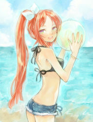 Rule 34 | 1boy, ball, beach, beachball, bow, bra, bracelet, commentary, cowboy shot, day, denim, denim shorts, from side, green eyes, hair bow, holding, holding ball, holding beachball, jewelry, kedama black, long hair, looking at viewer, male focus, namine ritsu, ocean, open mouth, outdoors, ponytail, red hair, short shorts, shorts, sky, smile, solo, swimsuit, trap, underwear, utau, white bow