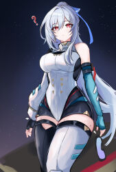 Rule 34 | 1girl, ?, asymmetrical legwear, bare shoulders, black thighhighs, breasts, commentary, cowboy shot, elbow gloves, gloves, grey hair, highres, honkai: star rail, honkai (series), jingliu (honkai: star rail), large breasts, leotard, long hair, looking at viewer, mini2chainz, mismatched legwear, official alternate costume, parted lips, pink eyes, solo, standing, thighhighs, thighs, very long hair, white leotard, white thighhighs