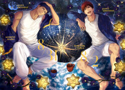 Rule 34 | 2boys, andromeda (constellation), aomine daiki, artist name, barefoot, blue hair, blue jacket, cancer (constellation), capricorn (constellation), celestial globe, chain, character name, closed mouth, constellation, constellation print, cup, dark-skinned male, dark skin, dated, english text, flower, gemini (constellation), gold chain, happy birthday, highres, jacket, jewelry, kagami taiga, kuroko no basuke, leo (constellation), libra (constellation), male focus, multiple boys, necklace, open clothes, open jacket, open mouth, pants, pegasus (constellation), pisces (constellation), purple flower, red eyes, red hair, sagittarius (constellation), scorpius (constellation), short hair, shorts, smile, star (sky), tank top, taurus (constellation), white pants, white shorts, white tank top, zawar379, zodiac