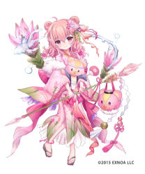 Rule 34 | 1girl, ahoge, black footwear, closed mouth, commentary request, copyright notice, curcuma (flower knight girl), double bun, flower knight girl, full body, hair between eyes, hair bun, head tilt, highres, holding, japanese clothes, kimono, long hair, official art, pink hair, pink kimono, purple eyes, sandals, shiodome oji, simple background, smile, solo, standing, watermark, white background, yukata, zouri