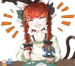 Rule 34 | 1girl, ^ ^, animal ears, bigcat 114514, braid, cat ears, cat girl, cat tail, closed eyes, commentary, crossover, dreadnought (warhammer 40k), emphasis lines, english commentary, extra ears, fangs, green shirt, hair ribbon, happy, kaenbyou rin, miniature, multiple tails, open mouth, paintbrush, painting (action), pointy ears, red hair, ribbon, shirt, simple background, smile, solo, table, tabletop game, tail, touhou, twin braids, twintails, twitter username, ultramarines, warhammer 40k, white background