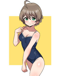 Rule 34 | 1girl, absurdres, ahoge, bare shoulders, blue one-piece swimsuit, blush, border, braid, breasts, brown hair, cleavage, closed mouth, collarbone, cowboy shot, dot nose, green eyes, hair between eyes, hand up, highres, idolmaster, idolmaster million live!, idolmaster million live! theater days, large breasts, light brown hair, looking at viewer, one-piece swimsuit, outside border, sakuramori kaori, short hair, shy, simple background, smile, solo, standing, strap pull, sweatdrop, swimsuit, white border, yellow background, zaza (zahaoming)