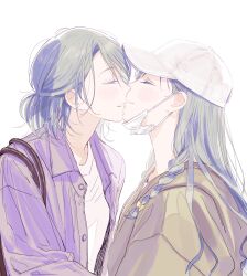 Rule 34 | 2girls, alternate hairstyle, aqua hair, bag, bang dream!, baseball cap, blush, braid, brown hoodie, closed eyes, commentary, couple, hat, highres, hikawa hina, hikawa sayo, hood, hoodie, imminent kiss, incest, jacket, long hair, mask, mask pull, mouth mask, multiple girls, open clothes, open jacket, parted lips, profile, shirt, short hair, shoulder bag, siblings, simple background, surgical mask, twincest, twins, upper body, white background, white headwear, white shirt, yuri, zihacheol