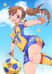 Rule 34 | 1girl, ball, blush, breasts, brown eyes, brown hair, cloud, commentary request, day, futami mami, hair bobbles, hair ornament, highres, idolmaster, idolmaster (classic), inoue sora, j. league, kneehighs, long hair, looking at viewer, medium breasts, open mouth, shirt, shorts, side ponytail, sky, smile, soccer, soccer ball, soccer uniform, socks, solo, sportswear, star (symbol), striped, sweat, vegalta sendai