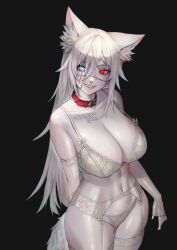 Rule 34 | 1girl, :d, absurdres, animal ear fluff, animal ears, arm behind back, bare shoulders, black background, blue eyes, bra, breasts, bright pupils, cleavage, collar, collarbone, cowboy shot, dalman, detached sleeves, english text, garter belt, grin, heterochromia, highres, large breasts, long hair, long sleeves, looking at viewer, navel, open mouth, original, panties, parted lips, red eyes, scar, scar on face, simple background, skindentation, sleeves past wrists, smile, solo, stomach, strap gap, tail, tattoo, thighhighs, toned, underwear, underwear only, very long hair, white bra, white hair, white panties, white thighhighs, wolf ears, wolf girl, wolf tail