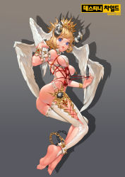 Rule 34 | 1girl, absurdres, arm strap, artist request, ass, barefoot, blonde hair, blue eyes, breast bondage, breasts, chain, copyright name, cuffs, destiny child, detached collar, feet, from side, full body, gold trim, hair ornament, head wings, highres, horn ornament, horns, lips, looking at viewer, medium breasts, multiple wings, o-ring, original, parted lips, shackles, shibari, short hair, soles, solo, thighhighs, toeless legwear, toes, underboob, white wings, wings