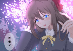 Rule 34 | 1girl, absurdres, aqua eyes, artist name, artist request, black cardigan, black jacket, blue eyes, blue sky, blush, bow, breasts, brown hair, buttons, cardigan, check translation, cloud, collared shirt, commentary request, female focus, floating hair, hair between eyes, hair bow, highres, jacket, long hair, long sleeves, looking at viewer, love live!, love live! nijigasaki high school idol club, musical note, night, night sky, nijigasaki academy school uniform, osaka shizuku, outdoors, parted lips, petals, pink petals, ponytail, red bow, ribbon, school uniform, shirt, sky, smile, solo, speech bubble, translated, translation request, upper body, wavy hair, white shirt, yellow buttons, yellow neckwear, yellow ribbon