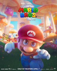 Rule 34 | 1girl, 3boys, 3d, biddybud, blue toad (mario), bramball, clenched hand, cloud, commentary, copyright name, english commentary, facial hair, gloves, grass, hat, highres, key visual, logo, looking at viewer, mario, mario (series), multiple boys, mushroom, mustache, nintendo, official art, open hand, overalls, promotional art, purple toad (mario), red headwear, red shirt, running, serious, shirt, sky, solo focus, the super mario bros. movie, toad (mario), v-shaped eyebrows