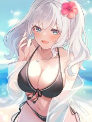 Rule 34 | 1girl, beach, bikini, black bikini, blue eyes, blush, breasts, cleavage, collarbone, day, flower, grey hair, hair flower, hair ornament, highres, jewelry, kantai collection, kashima (kancolle), large breasts, long hair, looking at viewer, navel, necklace, ocean, open mouth, ranran 3939, red flower, smile, solo, swimsuit, twintails, upper body