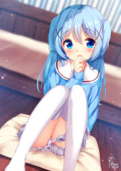Rule 34 | 1girl, :d, bed, blue eyes, blue hair, blue shirt, blurry, blurry background, blush, chinomaron, commentary request, covering privates, covering crotch, cushion, depth of field, dutch angle, feet out of frame, gochuumon wa usagi desu ka?, hair between eyes, hair ornament, hand up, highres, kafuu chino, long hair, long sleeves, looking at viewer, open mouth, panties, pleated skirt, sailor collar, school uniform, serafuku, shirt, signature, sitting, skirt, sleeves past wrists, smile, solo, thighhighs, two side up, underwear, very long hair, white panties, white sailor collar, white skirt, white thighhighs, wooden floor, x hair ornament, zabuton