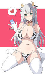 Rule 34 | 1girl, animal ears, animal print, arms behind back, bell, bikini, bottle, breasts, closed mouth, collar, cow ears, cow horns, cow print, flower, green eyes, grey hair, hair flower, hair ornament, heart, highres, holding, holding bottle, hololive, horns, large breasts, long hair, looking at viewer, milk bottle, navel, neck bell, nel-c, no shoes, print bikini, red collar, shirogane noel, side-tie bikini bottom, sitting, skindentation, smile, solo, spoken heart, stomach, swimsuit, thighhighs, thighs, virtual youtuber, wariza, white thighhighs