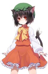 Rule 34 | 1girl, animal ears, black nails, bow, brown hair, cat ears, cat tail, chen, crote, earrings, expressionless, frilled skirt, frills, hat, highres, jewelry, multiple tails, nail polish, nekomata, orange eyes, shirt, short hair, skirt, tail, touhou, transparent background, two tails, vest