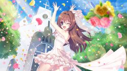 Rule 34 | 1girl, ahoge, arms up, bare shoulders, blue eyes, blue sky, bouquet, bouquet toss, breasts, bridal veil, bride, brown hair, church, cloud, cross, crucifix, day, dot nose, dress, film grain, flower, from behind, game cg, high heels, izumi tsubasu, layered skirt, lens flare, long hair, looking back, medium breasts, non-web source, official art, one eye closed, open mouth, outdoors, petals, pink flower, pink rose, re:stage!, rose, rose petals, shikimiya aone, skirt, sky, smile, solo, sparkle, standing, standing on one leg, strapless, strapless dress, sunlight, tree, veil, wedding, wedding dress, white footwear, yellow flower, yellow rose