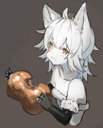 Rule 34 | 1girl, :t, ahoge, animal ears, black gloves, blush, boned meat, brown background, brown eyes, closed mouth, collarbone, colored skin, copyright request, cropped torso, eating, elbow gloves, food, fur-trimmed gloves, fur trim, gloves, hair between eyes, holding, holding food, long hair, looking at viewer, meat, nekomegane, simple background, solo, strapless, wavy mouth, white hair, white skin
