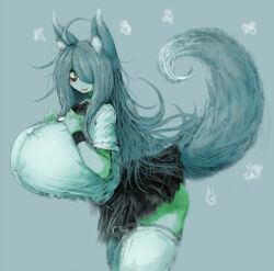 Rule 34 | 1girl, 2b-ge, ahoge, alternate species, animal ears, ass, bags under eyes, black sclera, blush, breasts, clothes lift, colored sclera, female focus, fox ears, fox girl, fox tail, green theme, grey background, hair over one eye, huge breasts, leaning forward, limited palette, long hair, mei (2b-ge), miniskirt, original, profile, school uniform, shirt, skirt, skirt lift, solo, spot color, standing, tail, tail under clothes, taut clothes, thick thighs, thighhighs, thighs, white shirt, white thighhighs, zettai ryouiki