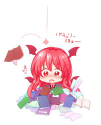 Rule 34 | 1girl, blush, book, book on head, chibi, collared shirt, detached wings, dress shirt, koakuma, long hair, necktie, object on head, open book, paper, red eyes, red hair, sad, shirt, simple background, solo, tears, too many, too many books, totoharu (kujirai minato), touhou, translation request, vest, wavy eyes, wavy mouth, white background, white shirt, wings