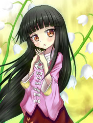 Rule 34 | 1girl, :o, bad id, bad pixiv id, black hair, blush, bow, fingernails, flower, head tilt, hime cut, houraisan kaguya, interlocked fingers, japanese clothes, lily of the valley, long hair, long sleeves, looking at viewer, orange eyes, own hands clasped, own hands together, solo, tonakai (bunsuka), touhou, very long hair, yellow background