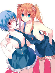Rule 34 | 2girls, alternate hairstyle, ayanami rei, bad id, bad pixiv id, blue hair, breasts, hair ornament, hair scrunchie, hand in pocket, ikeuchi tanuma, long hair, multiple girls, naked overalls, naked suspenders, neon genesis evangelion, orange hair, overalls, red eyes, scrunchie, short hair, skirt, small breasts, souryuu asuka langley, suspender skirt, suspenders, twintails