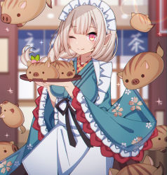 Rule 34 | 1girl, ;p, absurdres, animal, apron, black ribbon, blue kimono, blurry, blurry background, blush, boar, braid, breasts, closed mouth, depth of field, elf, elu (6th costume) (nijisanji), elu (nijisanji), floral print, hands up, highres, holding, holding tray, japanese clothes, kimono, light brown hair, long hair, long sleeves, medium breasts, nijisanji, one eye closed, pointy ears, print kimono, red eyes, ribbon, sapphire (sapphire25252), single braid, smile, solo, sparkle, tongue, tongue out, tray, virtual youtuber, waist apron, white apron, wide sleeves