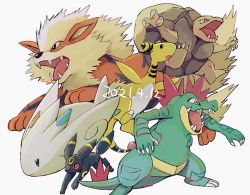 Rule 34 | ampharos, arcanine, black eyes, bright pupils, claws, closed mouth, commentary request, creatures (company), dated, fangs, feraligatr, game freak, gen 1 pokemon, gen 2 pokemon, gen 4 pokemon, golem (pokemon), nintendo, no humans, open mouth, outstretched arms, pokemon, pokemon (creature), popcorn 91, sharp teeth, simple background, standing, teeth, toes, togekiss, tongue, umbreon, white background, white pupils