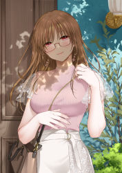 Rule 34 | 1girl, abe hikaru, absurdres, arm under breasts, bag, between breasts, blush, branch, breasts, bush, carrying bag, closed mouth, cowboy shot, dappled sunlight, door, earrings, fingernails, floral print, glasses, handbag, highres, jewelry, lamp, leaf, light brown hair, long hair, looking at viewer, medium breasts, original, outdoors, over shoulder, pink shirt, red eyes, see-through, see-through sleeves, shirt, short sleeves, skirt, smile, solo, straight hair, sunlight, wall, white skirt, wooden door