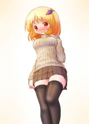 Rule 34 | 1girl, aki minoriko, alternate costume, arinu, black thighhighs, blonde hair, blush, breasts, food, fruit, grapes, hair ornament, looking at viewer, miniskirt, pleated skirt, red eyes, ribbed sweater, short hair, simple background, skirt, smile, solo, standing, sweater, thighhighs, touhou, zettai ryouiki