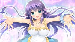 Rule 34 | 1girl, blue eyes, blush, braid, breasts, cleavage, game cg, happy, huge breasts, jewelry, long hair, looking at viewer, necklace, oono tetsuya, open mouth, prism princess ~futari no himekishi to kokan no monshou~, purple hair, simple background, smile, solo