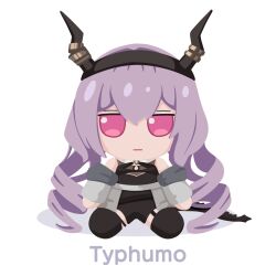 Rule 34 | 1girl, arknights, black hairband, black thighhighs, character name, chibi, fake horns, full body, fumo (doll), gribberoni, hairband, highres, horn hairband, horns, jacket, jitome, long hair, off shoulder, open clothes, pun, purple hair, red eyes, simple background, sitting, solo, thighhighs, typhon (arknights), very long hair, white background