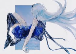 Rule 34 | 1girl, bandaged arm, bandages, blue hair, blue skirt, commentary, closed eyes, from behind, full body, girls&#039; frontline, girls&#039; frontline glitch land, hairband, highres, long hair, mechanical arms, mechanical legs, prosthesis, prosthetic arm, prosthetic leg, scar, single mechanical arm, single mechanical leg, skirt, solo, sushiwa, thunder (girls&#039; frontline)