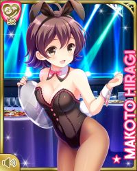 Rule 34 | 1girl, :d, ahoge, animal ears, black leotard, bow, bowtie, brown eyes, brown hair, rabbit ears, rabbit tail, card (medium), character name, wrist cuffs, fake animal ears, fake animal tail, girlfriend (kari), hiragi makoto, indoors, leotard, night, official art, open mouth, pink bow, playboy bunny, qp:flapper, short hair, smile, solo, tail