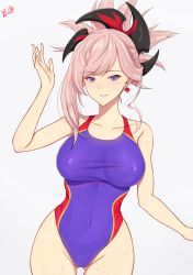 Rule 34 | 1girl, absurdres, band-width, breasts, competition swimsuit, covered navel, cowboy shot, fate/grand order, fate (series), gluteal fold, hair ornament, highres, large breasts, looking at viewer, miyamoto musashi (fate), one-piece swimsuit, parted lips, pink hair, ponytail, purple eyes, purple one-piece swimsuit, simple background, solo, swimsuit, white background