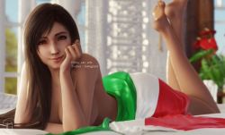 Rule 34 | 1girl, 3d, artist logo, artist name, bare shoulders, barefoot, bed sheet, blush, breasts, brown hair, cleavage, cover, earrings, emy-san, feet, female focus, final fantasy, final fantasy vii, final fantasy vii remake, italian flag, italian senate porn livestream (meme), italian senate porn livestream (meme), jewelry, large breasts, long hair, looking at viewer, meme, naked sheet, nude, red eyes, red lips, smile, solo, square enix, tifa lockhart