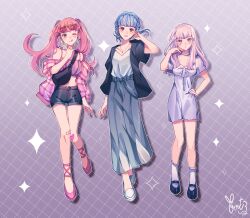 3girls ;d alternate_costume black_footwear black_jacket black_shorts blue_hair blush braid brown_eyes commentary contemporary crown_braid dress english_commentary fire_emblem fire_emblem:_three_houses full_body highres hilda_valentine_goneril jacket lineup long_hair looking_at_viewer lysithea_von_ordelia marianne_von_edmund midriff multiple_girls navel nintendo off_shoulder one_eye_closed open_clothes open_jacket open_mouth orri_(iirokagi) pink_eyes pink_footwear pink_hair pink_jacket pink_shirt shirt shoes short_hair short_shorts short_sleeves shorts sleeveless sleeveless_shirt smile socks tongue tongue_out twintails white_dress white_footwear white_hair white_shirt white_socks