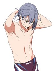 Rule 34 | 1boy, adjusting hair, aged up, black jammers, black male swimwear, green eyes, grey hair, groin, high speed!, jammers, looking at viewer, male focus, male swimwear, megumi-square, navel, purple hair, rubber band, serizawa nao, simple background, smile, solo, swimsuit, tying hair, white background, yellow eyes