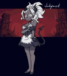 Rule 34 | 1girl, alternate costume, apron, bare shoulders, black footwear, black gloves, black horns, breasts, character name, commentary, dark-skinned female, dark skin, demon girl, demon horns, demon tail, dress, enmaided, frilled dress, frills, full body, gloves, helltaker, horns, judgement (helltaker), long hair, looking at viewer, maid, maid headdress, mateus upd, neck ribbon, red ribbon, ribbon, shoes, solo, sweatdrop, tail, waist apron, wavy mouth, white eyes, white hair