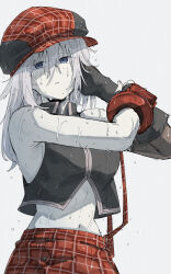 Rule 34 | 1girl, alisa ilinichina amiella, arm warmers, asymmetrical gloves, bare shoulders, black gloves, black vest, blue eyes, breasts, cabbie hat, checkered clothes, checkered headwear, commentary, cowboy shot, cropped vest, elbow gloves, fingerless gloves, gloves, god eater, god eater burst, grey hair, hair between eyes, hand up, hat, highres, kankan33333, long hair, looking at viewer, medium breasts, navel, parted lips, plaid, plaid headwear, plaid skirt, red hat, red skirt, sidelocks, single arm warmer, single elbow glove, skirt, solo, standing, stomach, suspender skirt, suspenders, suspenders slip, vest, wet, wet clothes, wet hair