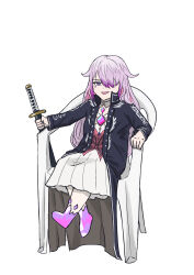 Rule 34 | 1girl, absurdres, alternate costume, black jacket, chair, chest jewel, devil may cry (series), devil may cry 5, dunkemz, full body, gem, gradient hair, grey hair, hair over one eye, highres, holding, holding sword, holding weapon, hololive, hololive english, jacket, koseki bijou, long hair, long sleeves, looking at viewer, meme, monobloc (chair), multicolored hair, one eye covered, open mouth, pink hair, purple eyes, purple gemstone, purple hair, simple background, sitting, skirt, smile, solo, sword, vergil&#039;s chair (meme), very long hair, virtual youtuber, weapon, white background, white skirt